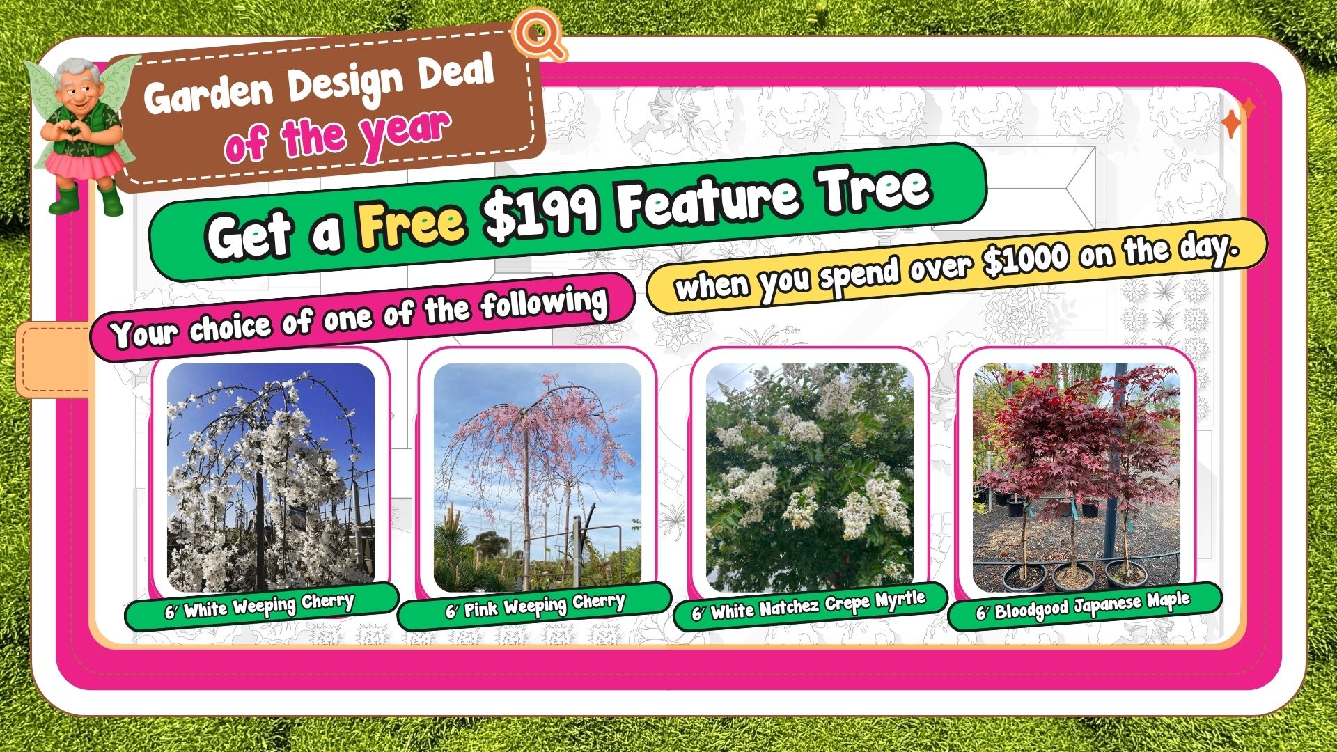 A promotional banner offering a free feature tree with $1000 purchase, showcasing Weeping Cherry, Pink Weeping Cherry, White Natchez Crape Myrtle, Bloodgood Japanese Maple, and festive Christmas trees.