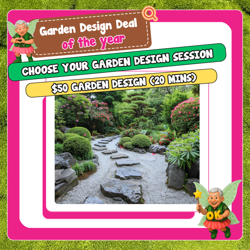 Promotional graphic for a "$50 Garden Design (20 mins)" session, featuring a stone path through a landscaped winter garden with vibrant greenery and flowers.