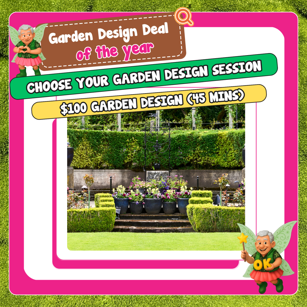 Promotional graphic for a $100, 45-minute Winter Garden Design session, featuring a garden scene with potted plants, trimmed hedges, and cartoon fairy characters.