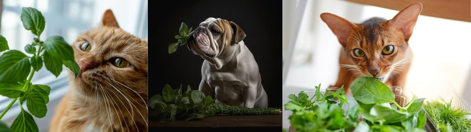 Three pets—an orange cat, a bulldog, and a brown cat—each sniff or chew on leafy green autumn flowering plants placed in front of them.