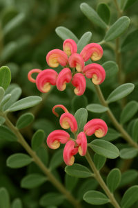 Close-up of two clusters of pink and yellow spiral Grevillea ‘Medika Marvel’ flowers with green, oval leaves in the background, displayed in a 6” pot.