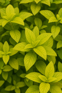 Close-up of the Heliotrope ‘Golden Glow’ in a 4” pot, showing several bright green leaves with prominent veins densely clustered together, filling the frame.