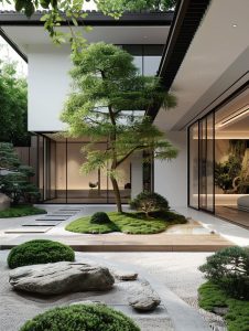 Modern courtyard garden inspired by the beauty of Japanese gardens, featuring a central tree, manicured shrubs, stepping stones, raked gravel, rocks, and floor-to-ceiling glass windows of a contemporary building.