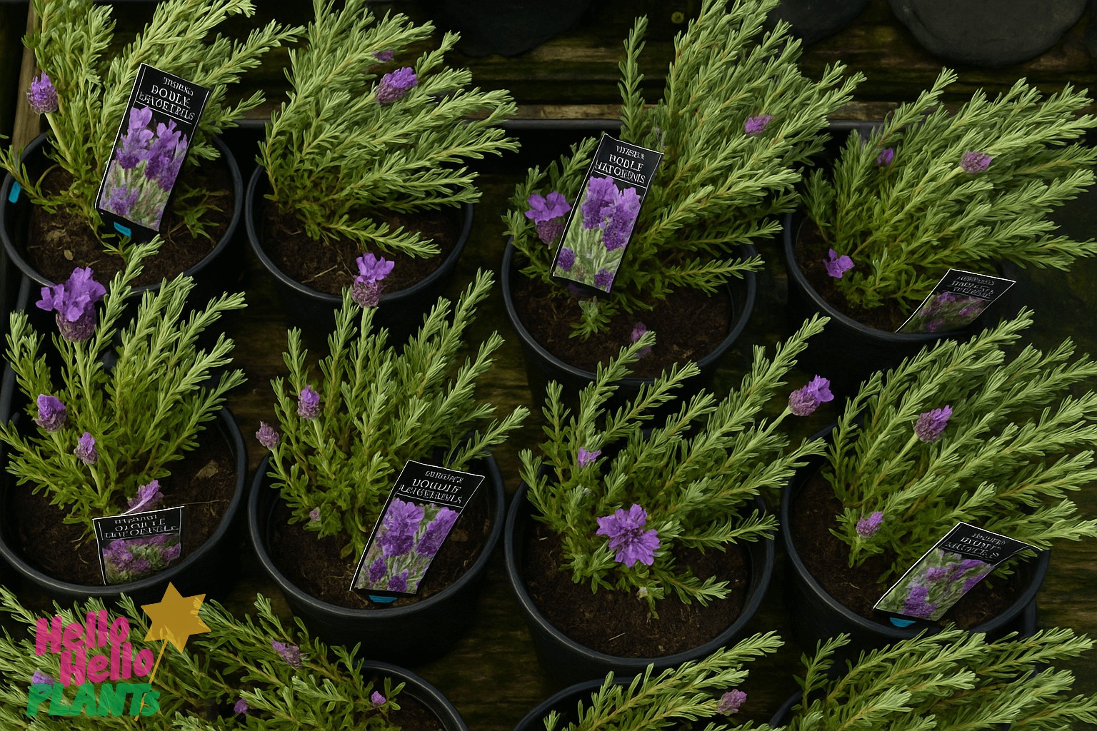 Rows of Lavender 'Double Lavish Blue' in 6" pots, each with purple flowers and a tag showing the variety, are neatly arranged.