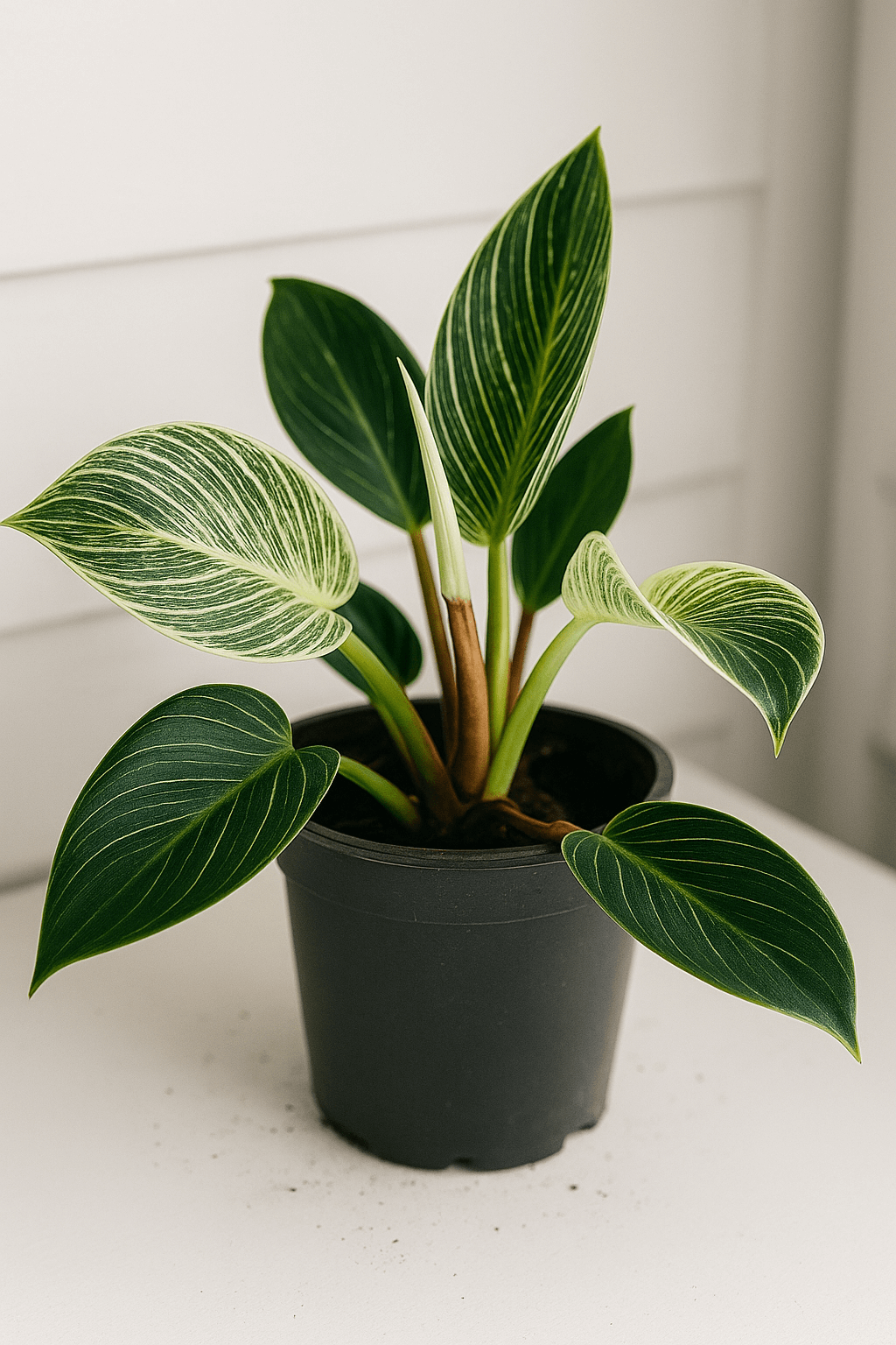 A potted plant with broad, dark green leaves featuring light green veins, placed on a white surface with some soil scattered around the pot.