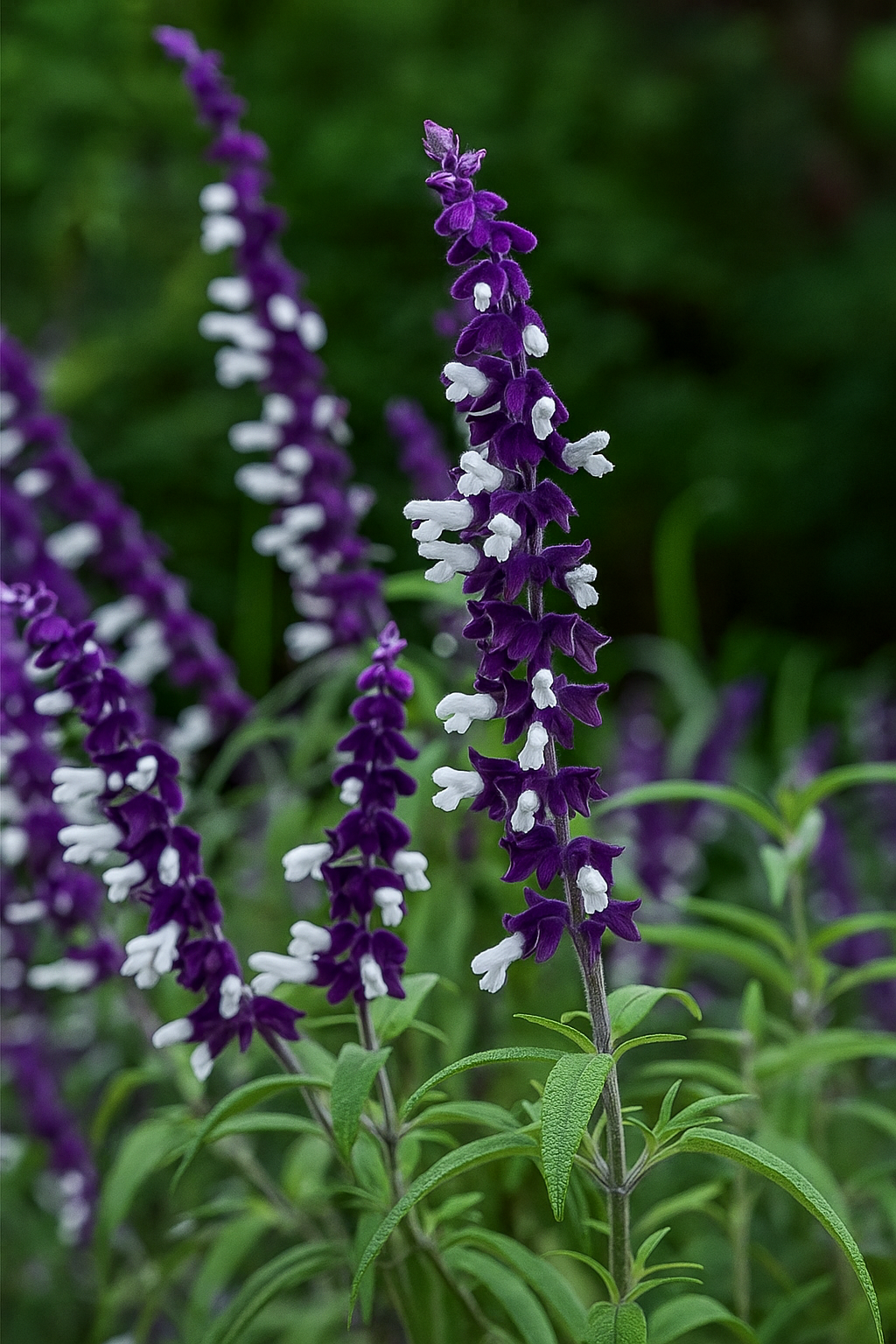 Salvia Meigans Magic™ Sage features purple and white blooms with green leaves, perfect for vibrant garden color. Supplied in a handy 4” pot.
