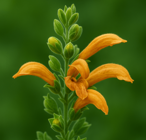 Close-up of Salvia ‘Green Ginger’ in a 4” pot, showcasing its orange flowers with three open petals and green leaves against a blurred green background.