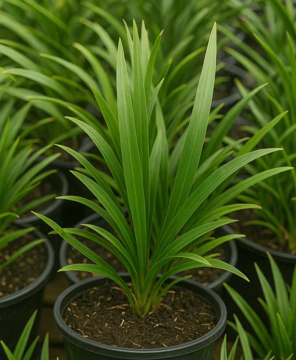 A close-up of Dianella 'Assorted Varieties' in an 8" pot, displaying long, narrow leaves, surrounded by similar plants in black pots filled with dark soil.
