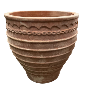 Large terracotta flower pot with decorative horizontal ridges and a scalloped pattern near the rim, set against a white background.