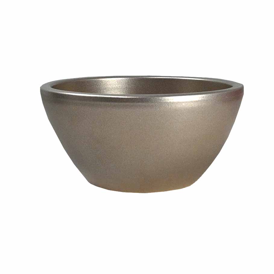 A metallic, round bowl with a wide opening and smooth surface, shown against a plain white background.