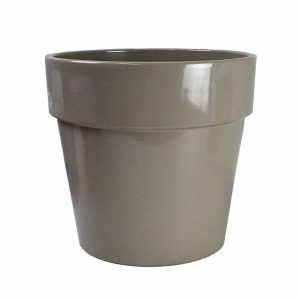 A plain, light brown ceramic flower pot with a wide rim, photographed on a white background.