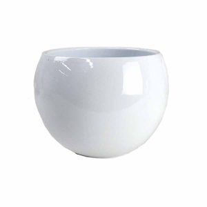 A round, glossy white ceramic pot with a smooth surface, photographed against a plain white background.