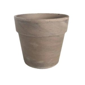 A plain, empty terracotta flower pot with a wide rim, set against a white background.