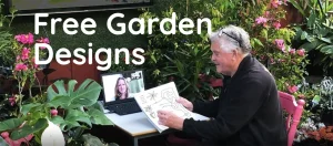 An older man sits in a garden holding a garden design sketch, speaking to a woman on a laptop. Text reads: “Free Garden Designs.”.
