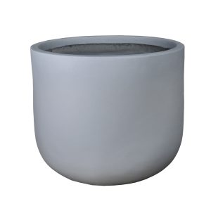 A plain, round, light gray ceramic planter with a smooth surface and no visible decorations, viewed from the front.