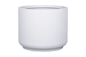 A white, cylindrical planter with vertical ridges and a smooth base, shown against a plain white background.