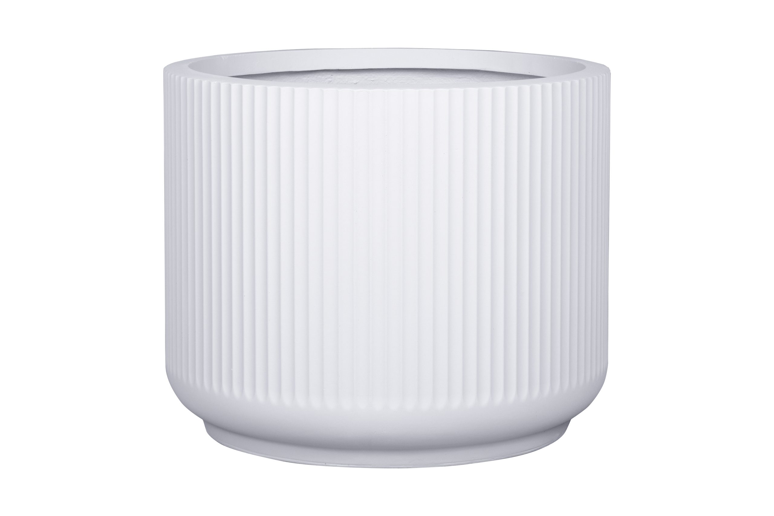 A white, cylindrical planter with vertical ridges and a smooth base, shown against a plain white background.