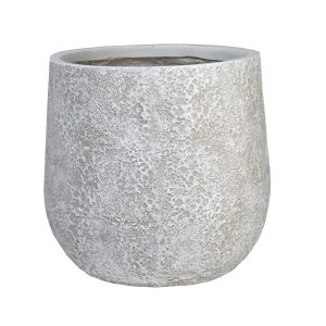 Round, textured concrete planter with a rough, light gray surface and a wide open top, standing empty against a white background.