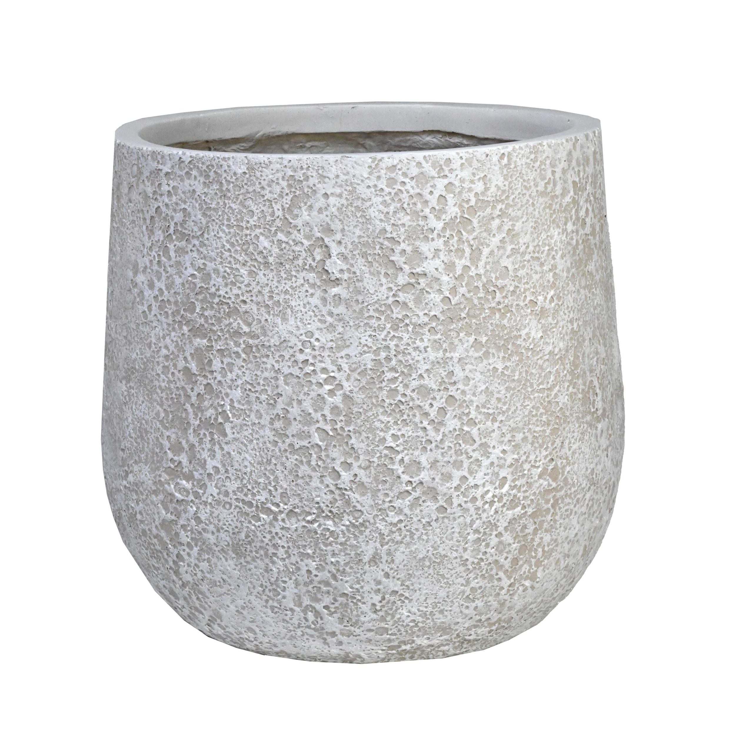 Round, textured concrete planter with a rough, light gray surface and a wide open top, standing empty against a white background.
