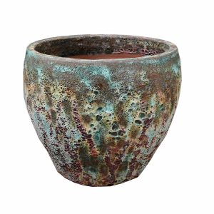 A round ceramic pot with a textured, multicolored glaze featuring green, brown, and red tones on a white background.