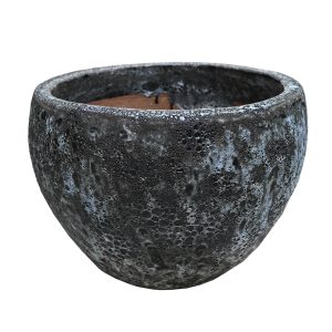 A round, textured, dark gray planter with a mottled surface and a wide opening, photographed against a white background.