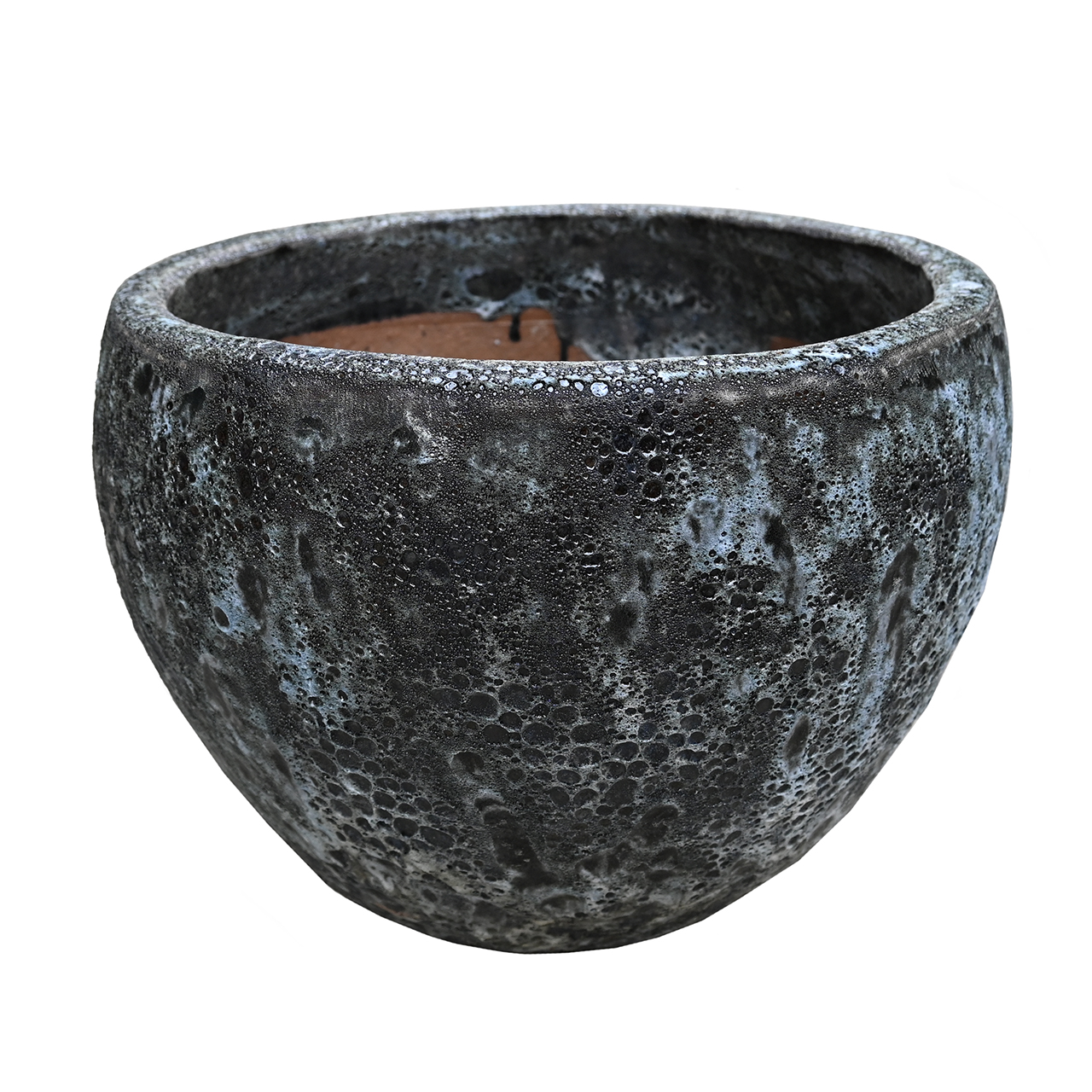 A round, textured, dark gray planter with a mottled surface and a wide opening, photographed against a white background.