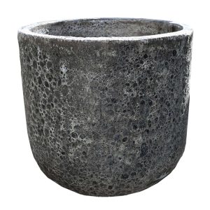 A round, gray, textured concrete planter pot with a porous surface, shown empty against a white background.