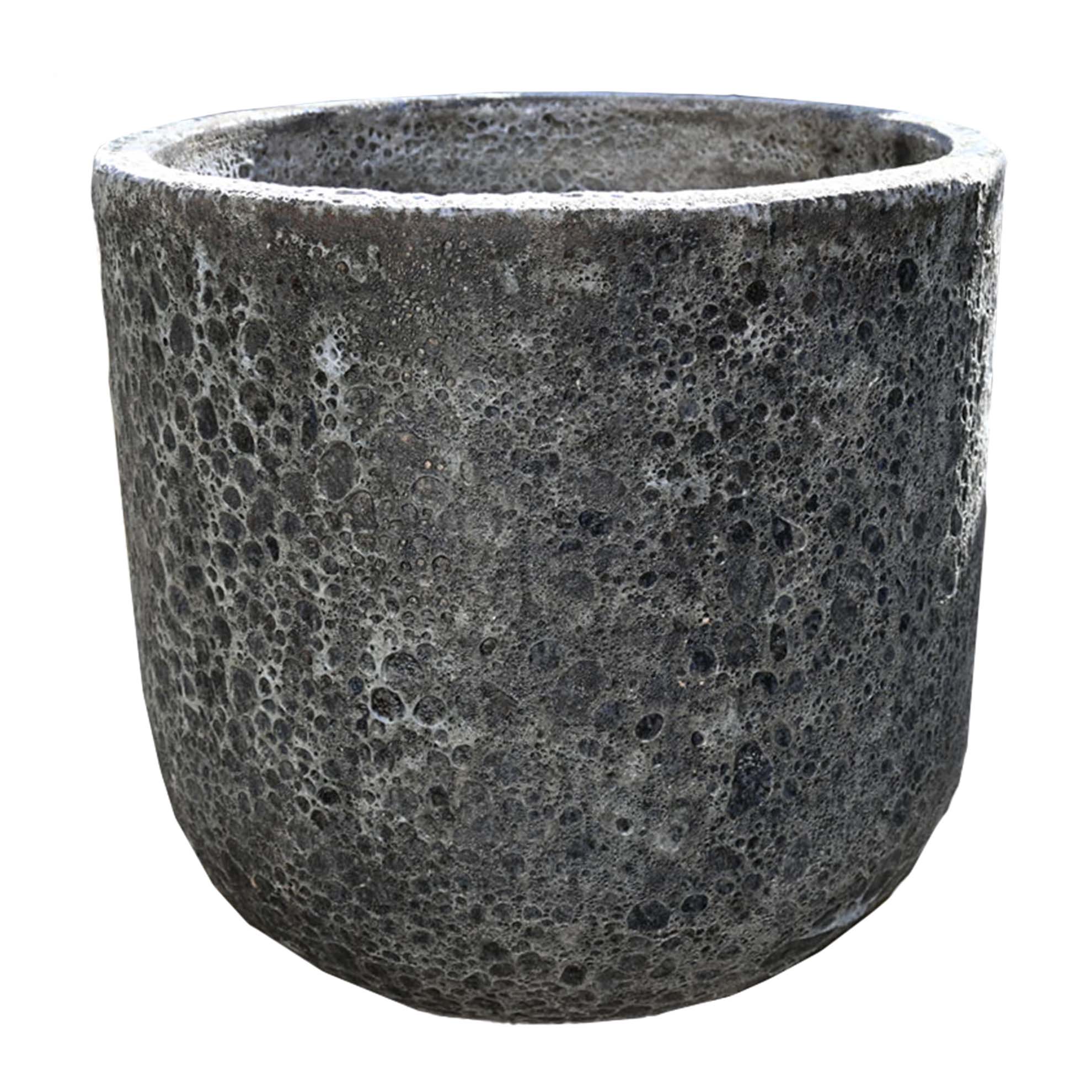 A round, gray, textured concrete planter pot with a porous surface, shown empty against a white background.