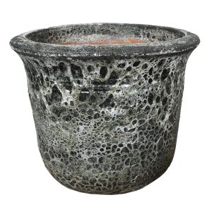 A round, black and gray textured stone planter with a wide rim and volcanic rock-like surface—perfect for pairing with the Seafoam Verona Planter Grey S 30x26cm or other Aqua Pot collections.