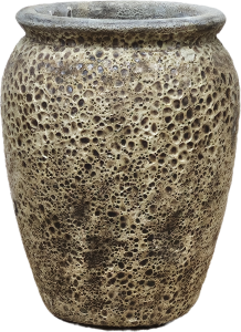 A textured ceramic vase with a rough, pitted surface and a mottled brown and beige finish.