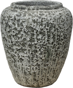 A large, round, textured stone vase with a porous surface and a wide opening at the top, resembling volcanic rock.