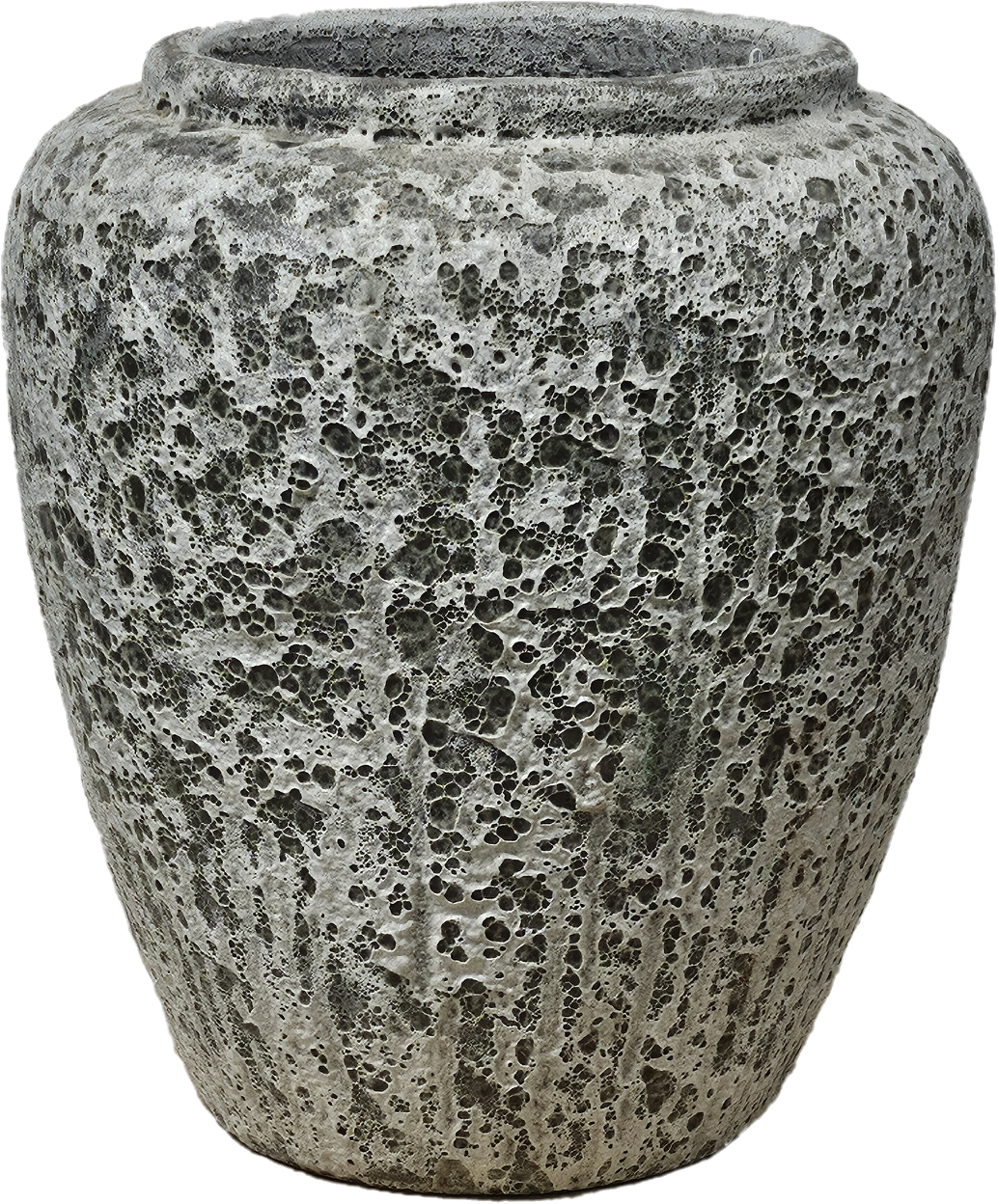 A large, round, textured stone vase with a porous surface and a wide opening at the top, resembling volcanic rock.