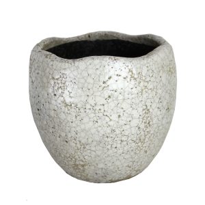 A white, cracked-glaze ceramic pot with an uneven, wavy rim and a rounded shape.