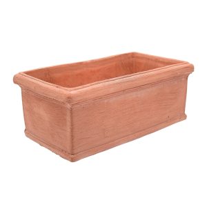 A rectangular terracotta planter box with a slightly textured surface and raised edges, empty and viewed at an angle against a white background.