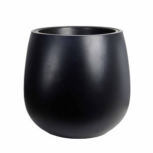 A matte black, round, and smooth planter pot with a wide opening, shown against a plain white background.
