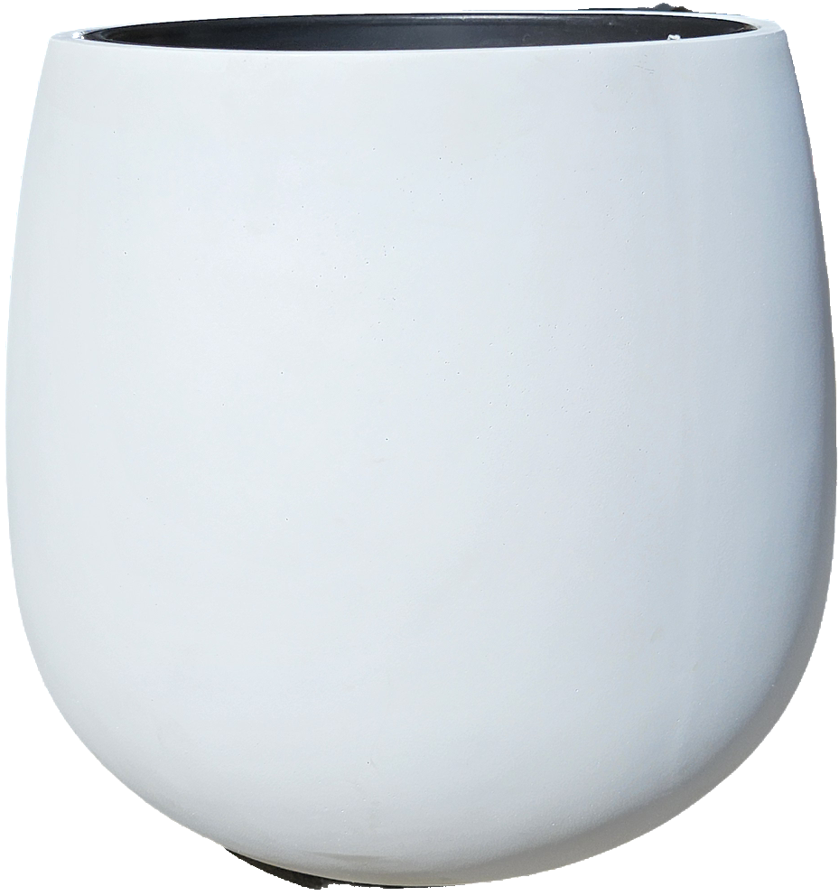 A large, round, white planter with a smooth surface and an open top, shown against a plain background.