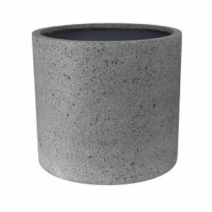 A plain, cylindrical, gray concrete planter with a textured surface and an open top.