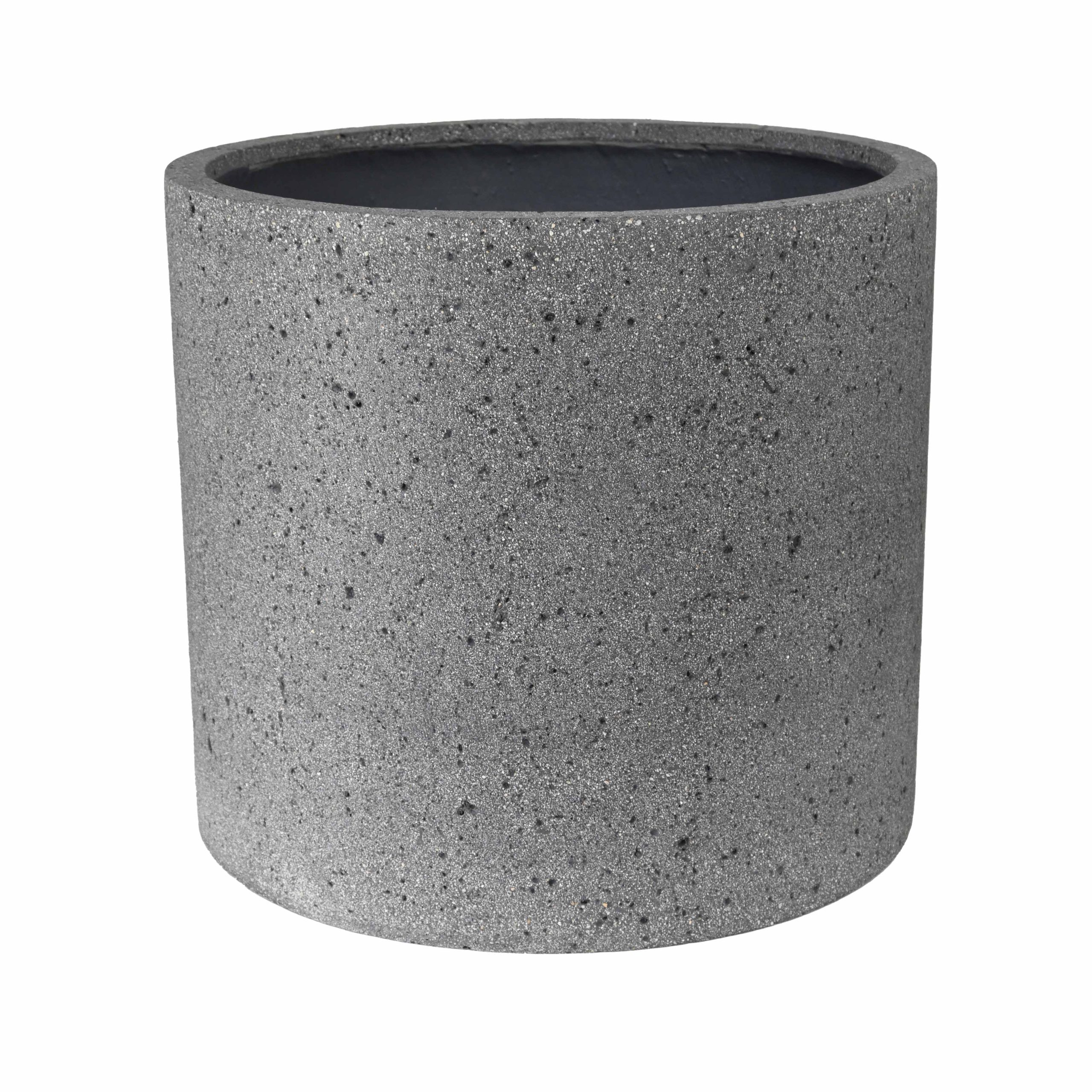A plain, cylindrical, gray concrete planter with a textured surface and an open top.