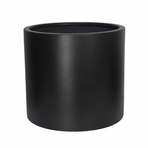 A large, round, black cylindrical planter with a smooth surface and an open top.