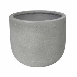 A plain, round, light gray concrete planter pot with a smooth surface and no decorations, shown empty against a white background.