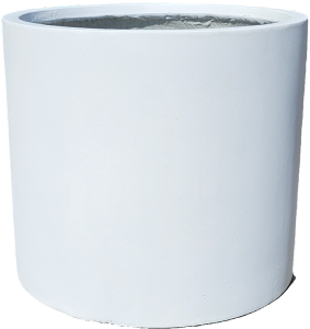 A large, plain white cylindrical planter or container with a smooth surface and an open top.