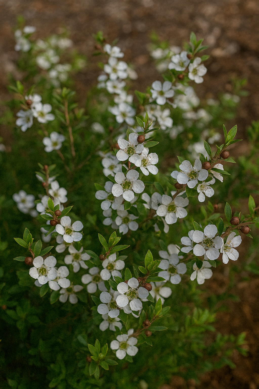 Leptospermum 'Shore Tuff' Tea Tree in a 15cm pot displays clusters of small white five-petalled flowers among green leaves, shown outdoors against a brown earthy background.