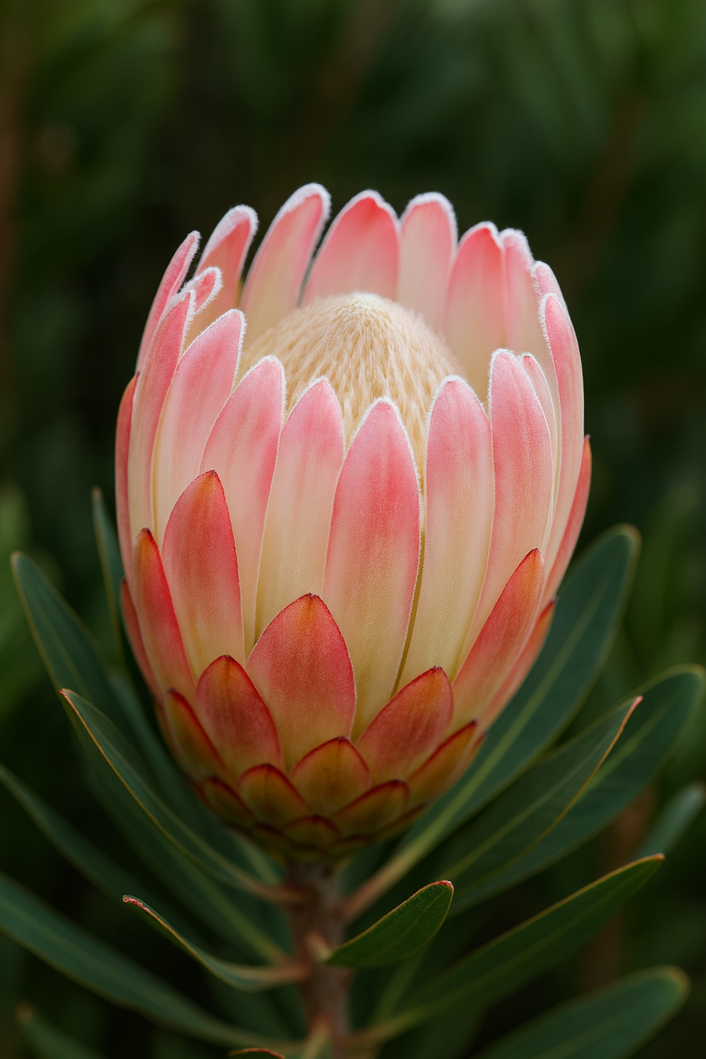 A close-up of Protea 'Pink Cream' in a 6" pot, featuring its flower bud surrounded by lush green leaves.