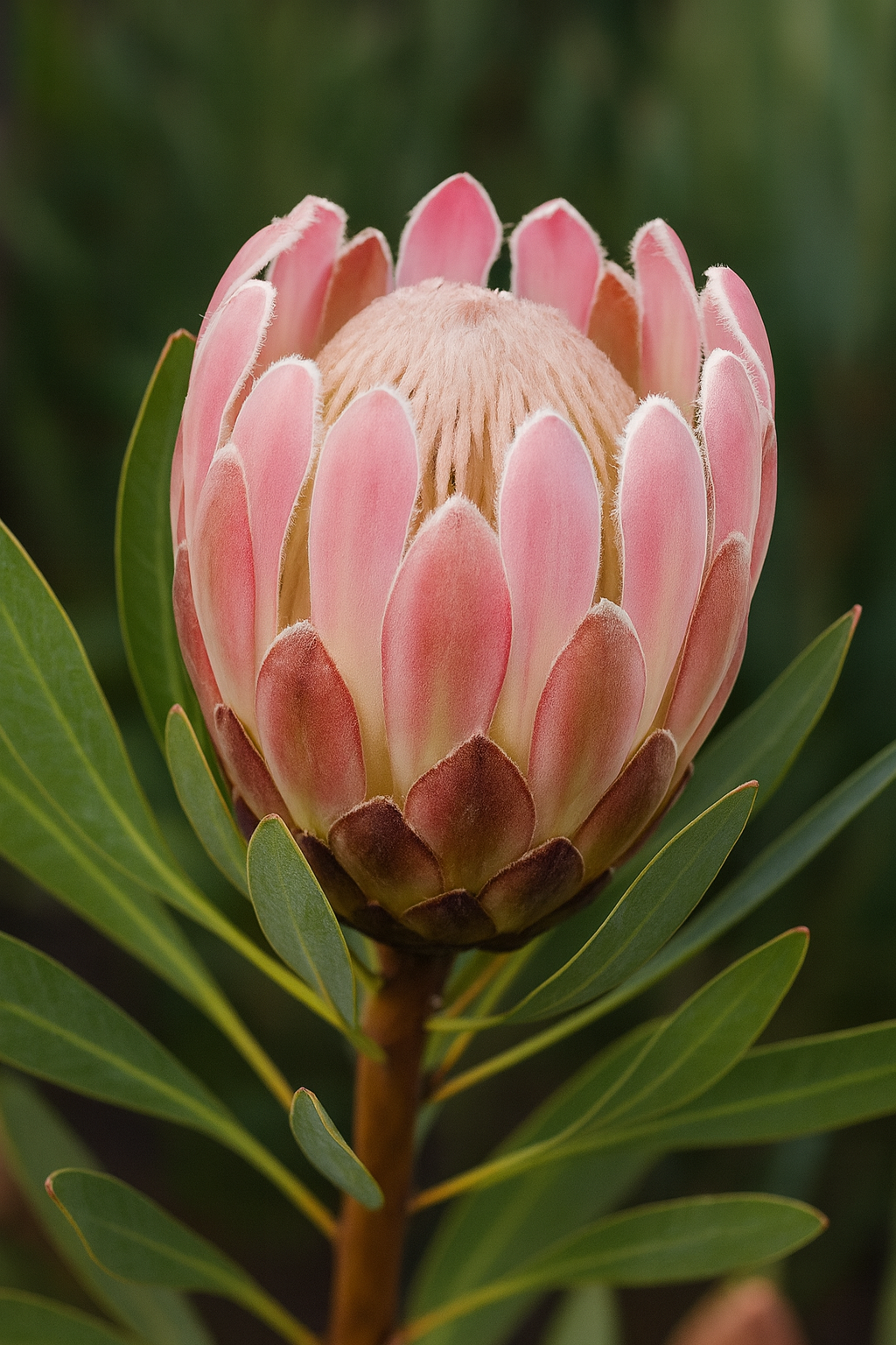Close-up of Protea 'Pink Pearl' in a 15cm pot, featuring a single vibrant bloom with lush green leaves in the background.