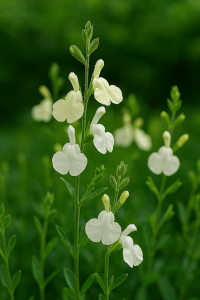 Close-up of Salvia 'Navajo White' Sage flowers with rounded petals blooming on green stems in a 10cm pot, set against a soft, blurred green background.