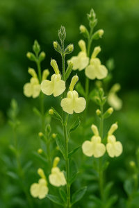 Close-up of tall green stems and clusters of pale yellow flowers of Salvia 'La Luna' Sage, set against a blurred green background. Available in a 10cm pot.