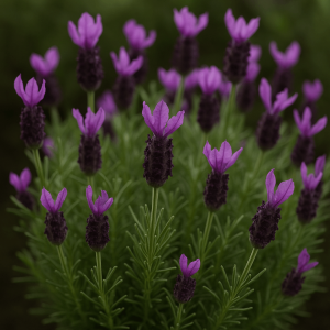 A blooming Lavandula 'La Diva Berry Beautiful Purple' Lavender in a 15cm pot showcases green, needle-like leaves against a dark, blurred background.