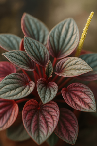 Close-up of Peperomia 'Sunrise' in a 5" pot, displaying its heart-shaped leaves with green and red veins and a single upright yellow flower spike.