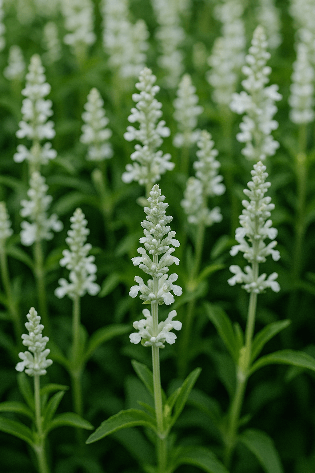Salvia ‘White Flame’ 15cm Pot features upright white flower spikes with green stems and leaves, densely arranged for eye-catching garden or container displays. Ideal for adding bright colour to beds or pots.