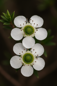 Leptospermum 'White Wave' in a 15cm pot features striking white five-petalled blooms with green centres and prominent stamens, set against lush green foliage—ideal for adding elegance to any space.